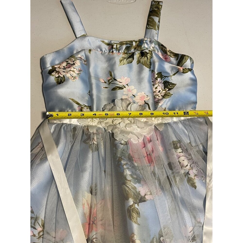 Floral Light Blue Sleeveless Girls Party Dress With Tulle Overlay & Satin Finish - Picture 13 of 14